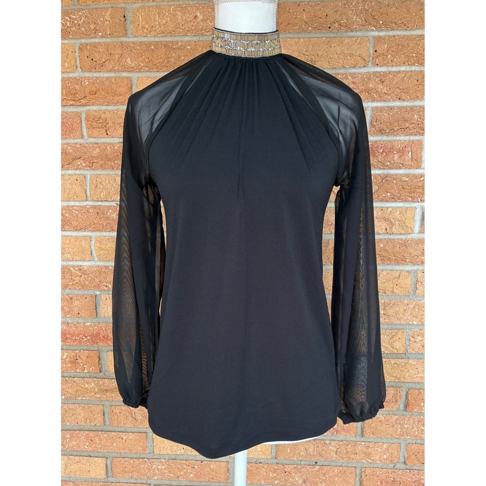 Cable & Gauge Blouse XS Black Beaded Mock Neck Sheer Sleeve